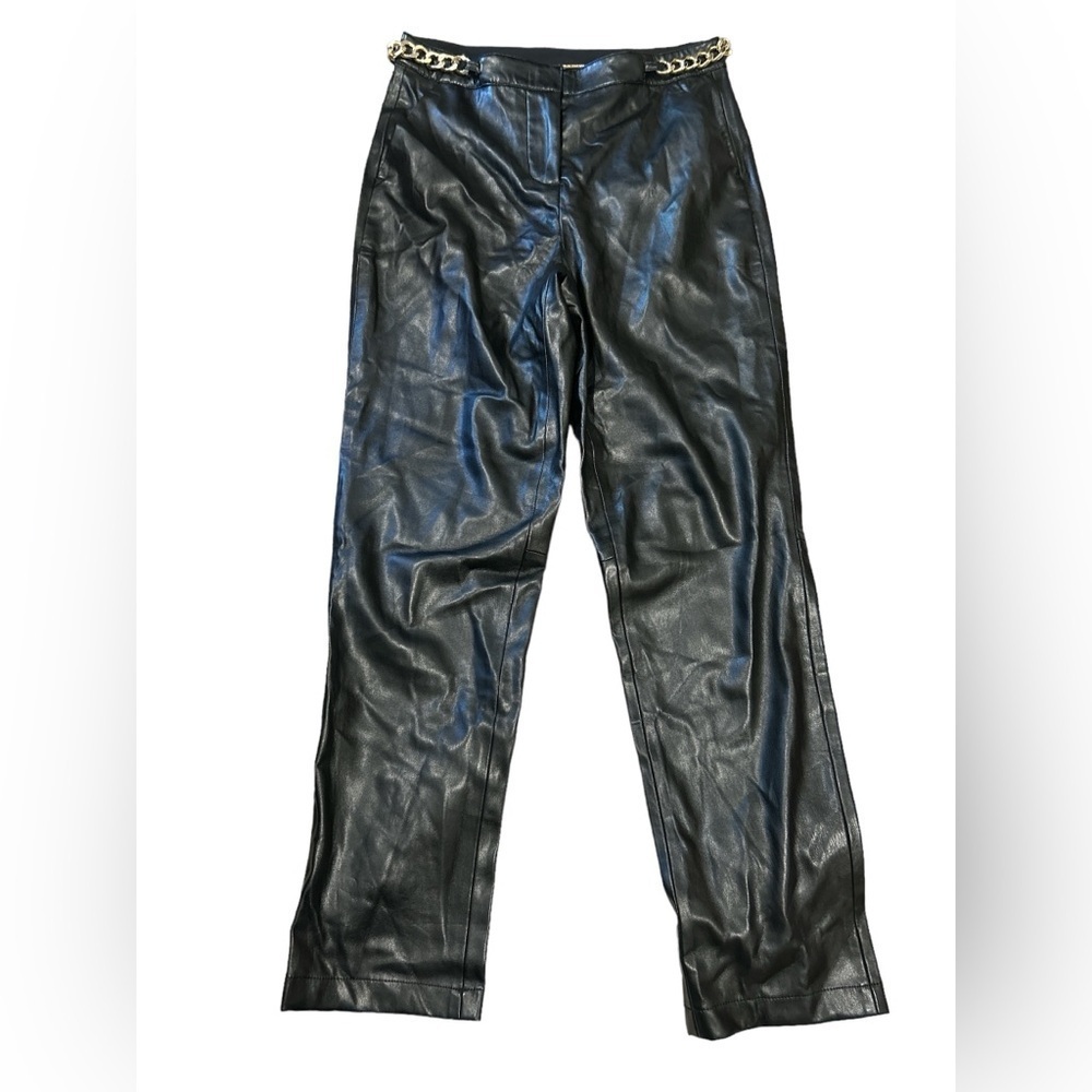 Elie Tahari Exclusive vegan leather black pant with side gold chains size 4